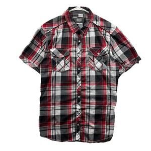 BKE Pearl Snap Shirt Men XL Red Black Plaid Western Short Sleeve